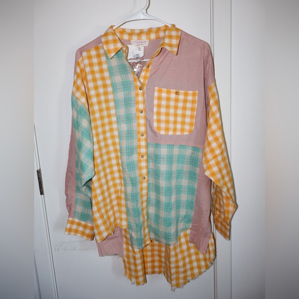 Pink and yellow checkered oversized button-up shirt